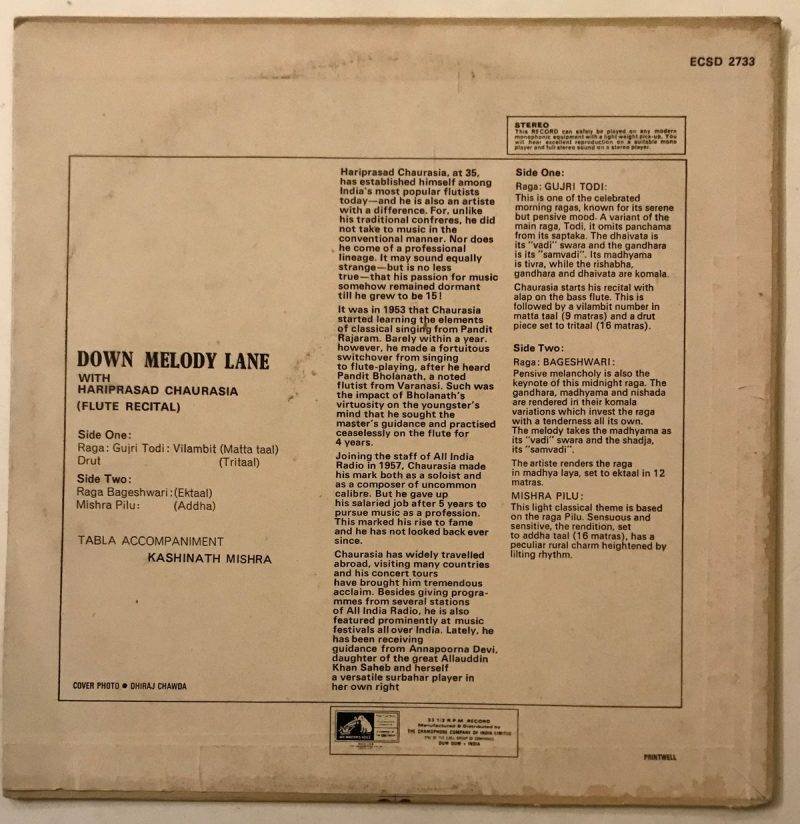 Down Melody Lane - Hariprasad Chaurasia Used Vinyl LP Record - Image 3