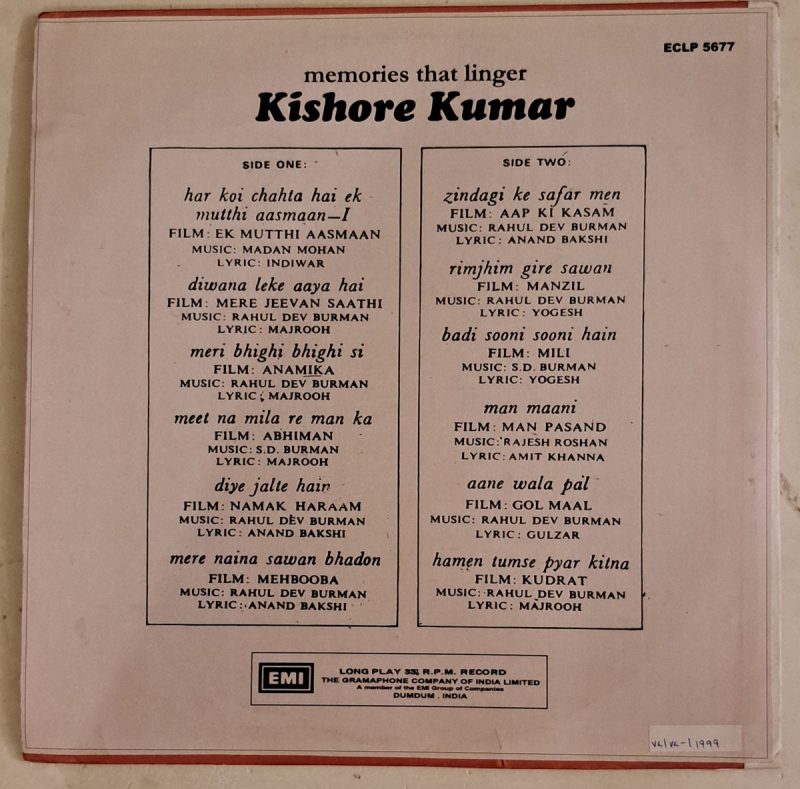 Memories That Linger - Kishore Kumar Used Vinyl LP Record - Image 3