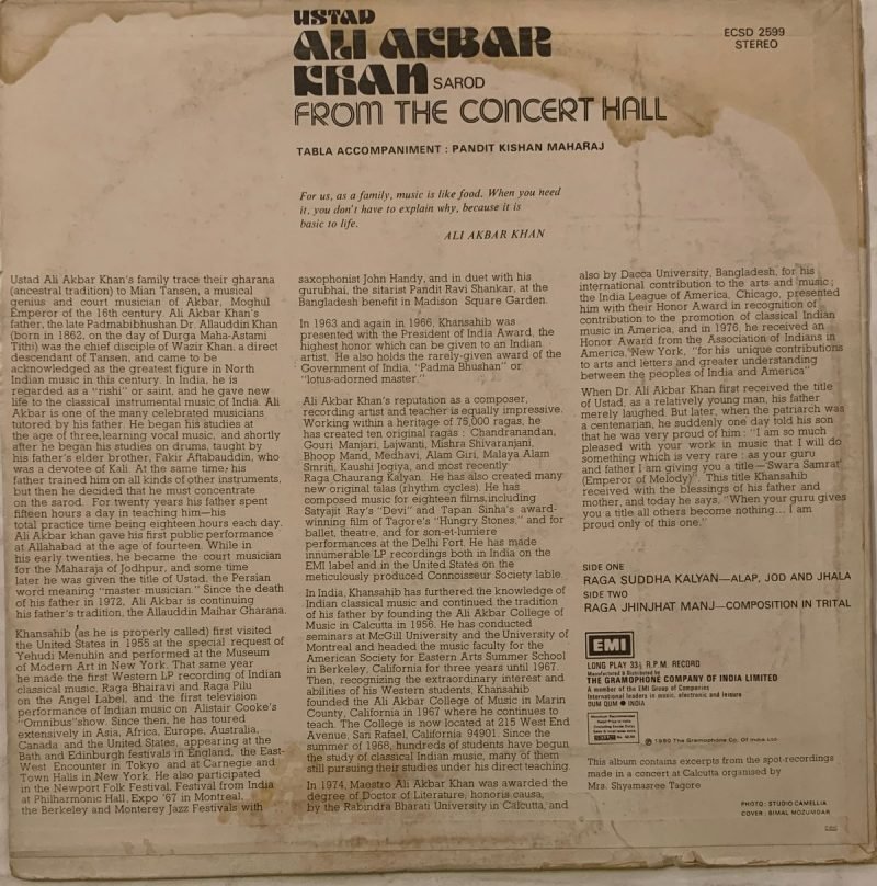 From The Concert Hall - Ali Akbar Khan Used Vinyl LP Record - Image 2