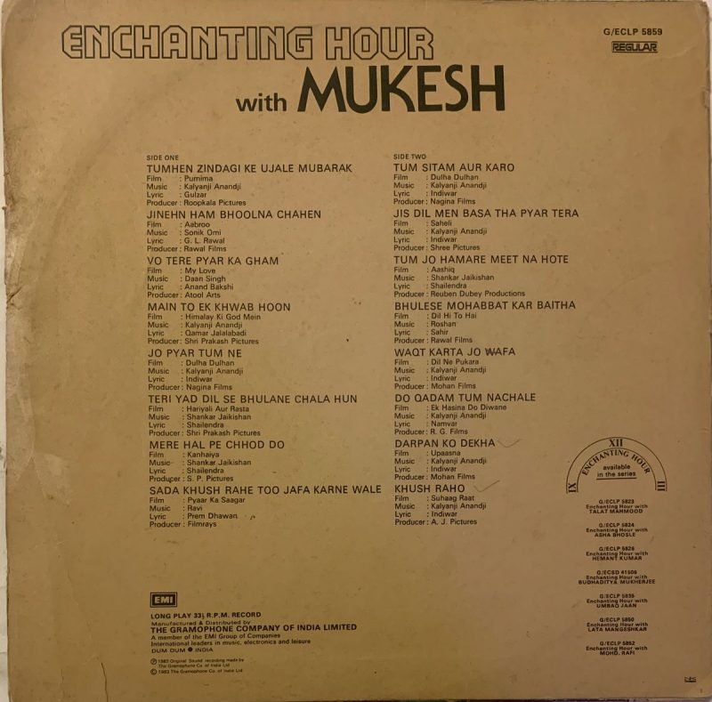 Enchanting Hour With Mukesh - Mukesh Used Vinyl LP Record (VG) - Image 2