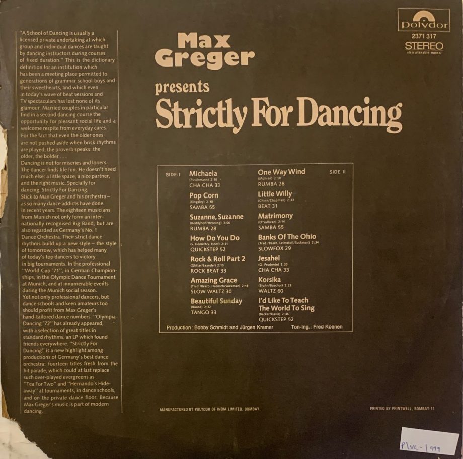 Strictly For Dancing - Max Greger Used Vinyl LP Record (VG-) - Image 2