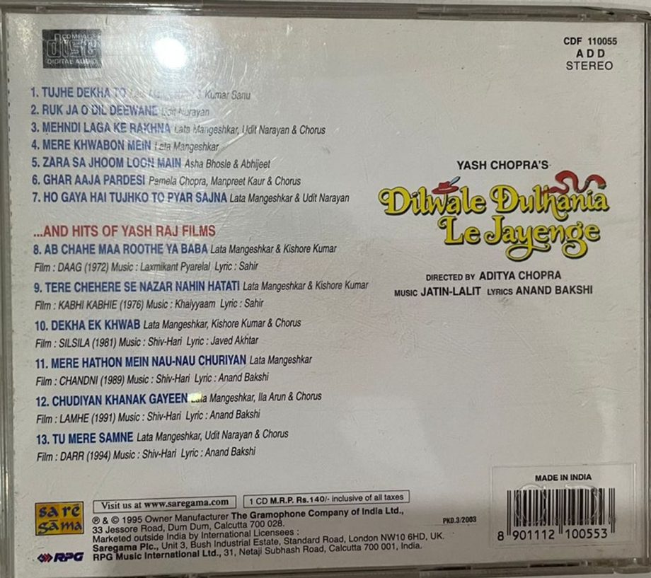 Dilwale Dulhania Le Jayenge - Jatin Lalit Used Audio CD (VG-) - Image 2