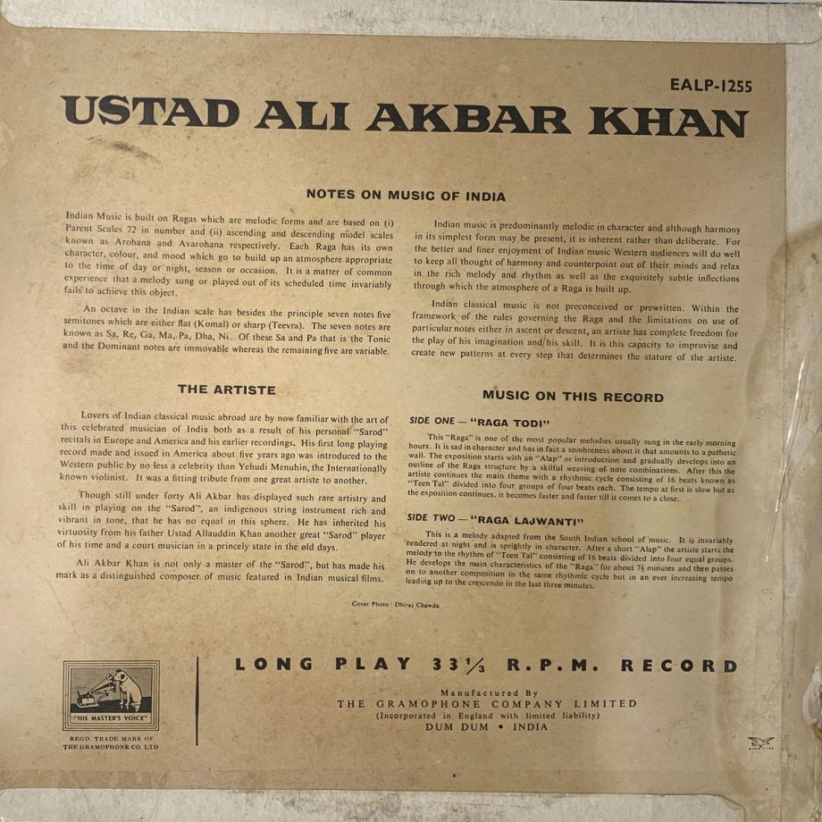 Raga Todi / Raga Lajwanti - Ali Akbar Khan Used Vinyl LP Record (VG-) - Image 2