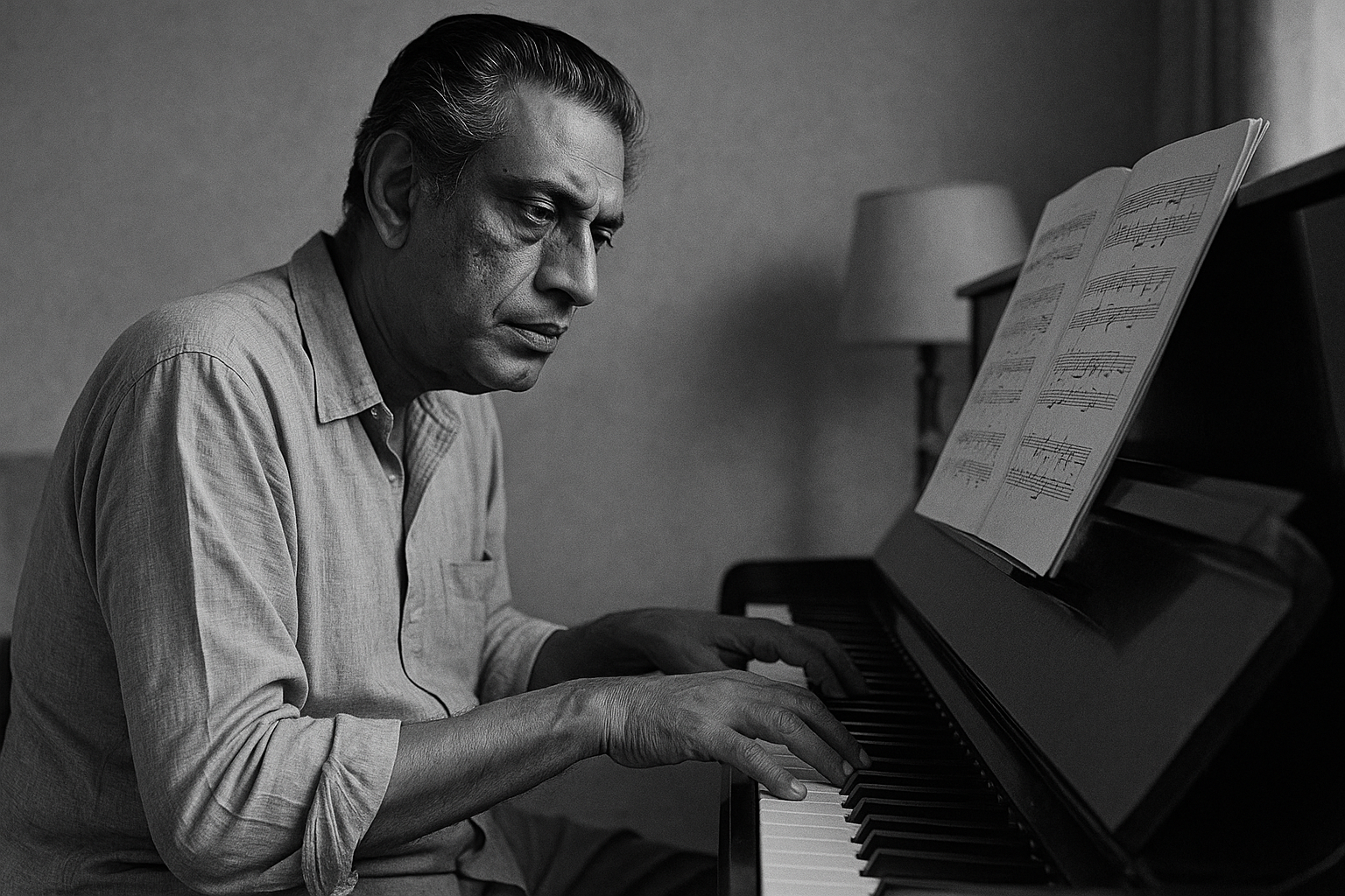 Satyajit Ray composing music at his piano.