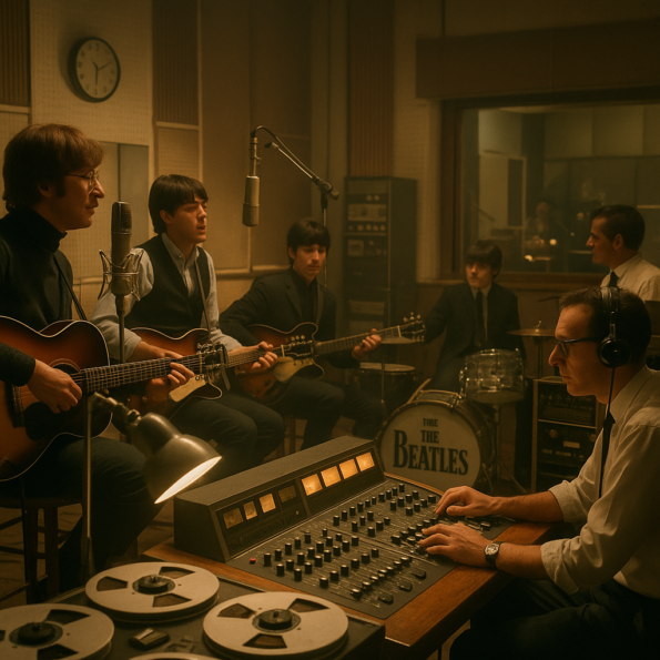 Split image showing early Beatles performing to screaming fans, contrasted with their later psychedelic studio era featuring sitars and colorful visuals.

