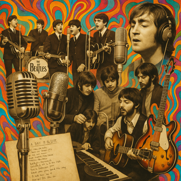 Close-up of Beatles vinyl records on a wooden shelf, including red and rainbow editions, with soft lighting evoking vintage nostalgia.

