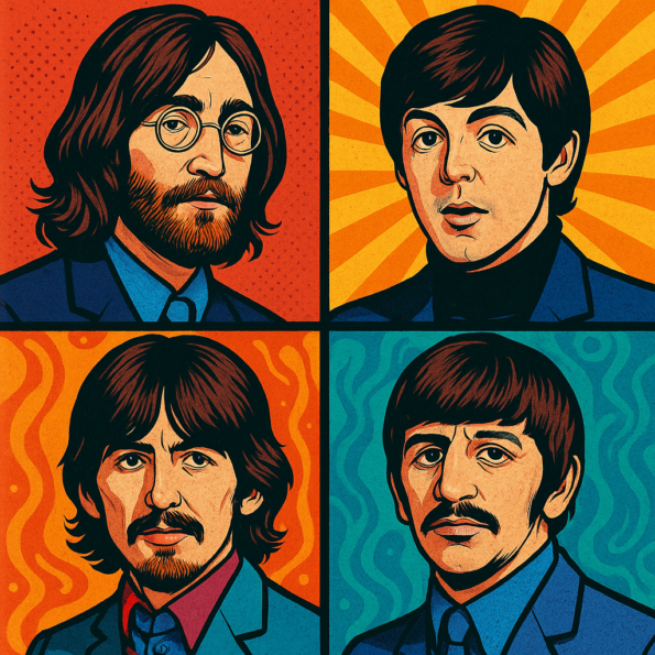 Pop-art style illustration of John Lennon, Paul McCartney, George Harrison, and Ringo Starr with colorful backgrounds representing their personalities.