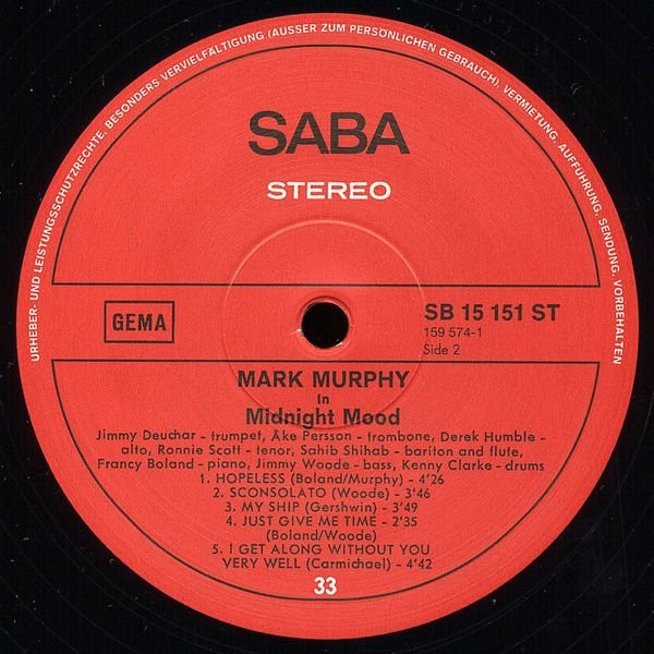 Midnight Mood - Mark Murphy - LP - Pre Owned Vinyl (Arrives in 14days)
