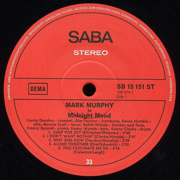 Midnight Mood - Mark Murphy - LP - Pre Owned Vinyl (Arrives in 14days)