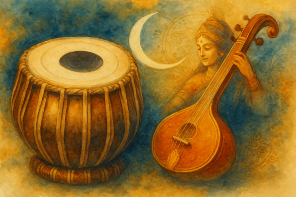 Tabla merging with Saraswati’s veena under a glowing crescent moon, symbolizing the sacred connection between rhythm, devotion, and art.
