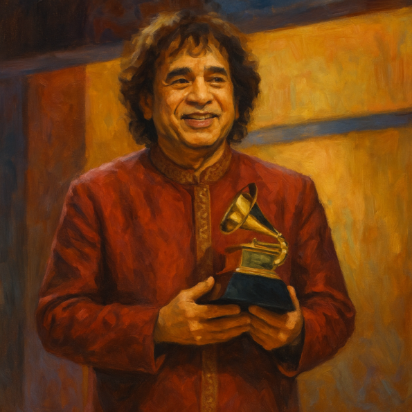 Zakir Hussain smiling warmly while holding a golden Grammy award, symbolizing international recognition of his timeless artistry.
