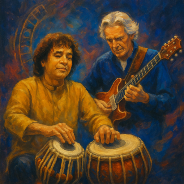 Zakir Hussain and John McLaughlin performing together, tabla and guitar in harmony, capturing the East–West musical fusion of Shakti.