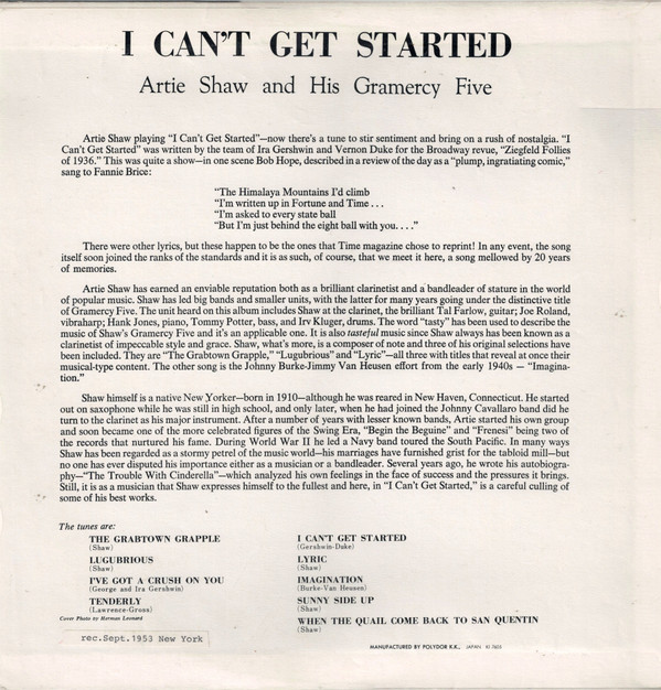 I Can't Get Started... - Artie Shaw And His Gramercy Five - LP - Pre Owned Vinyl (Arrives in 21days)