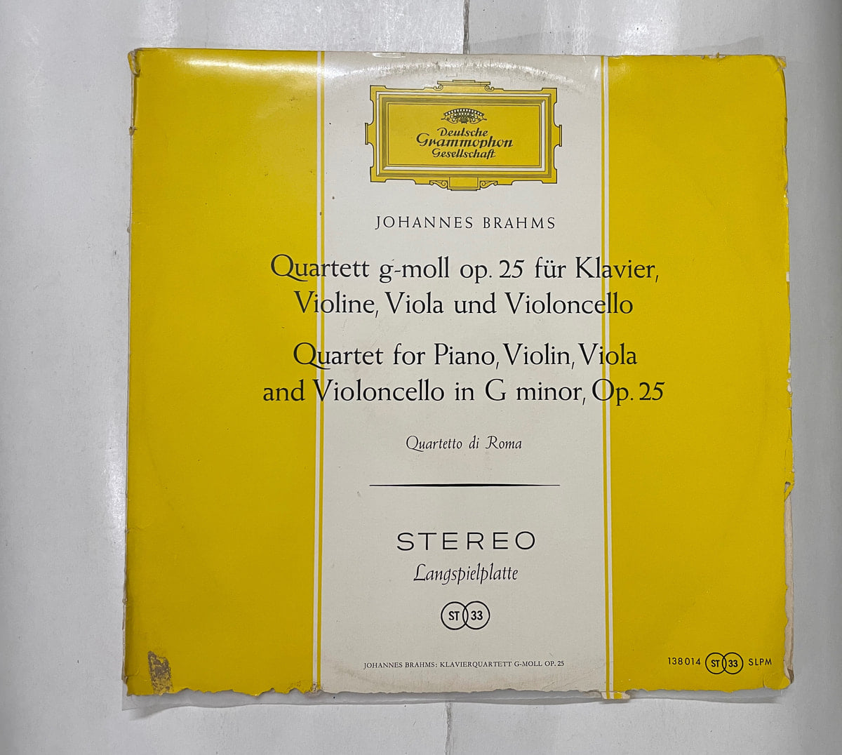 Quartet For Piano, Violin, Viola And Violoncello In G Minor, Op. 25 - Johannes Brahms Used Vinyl LP Record