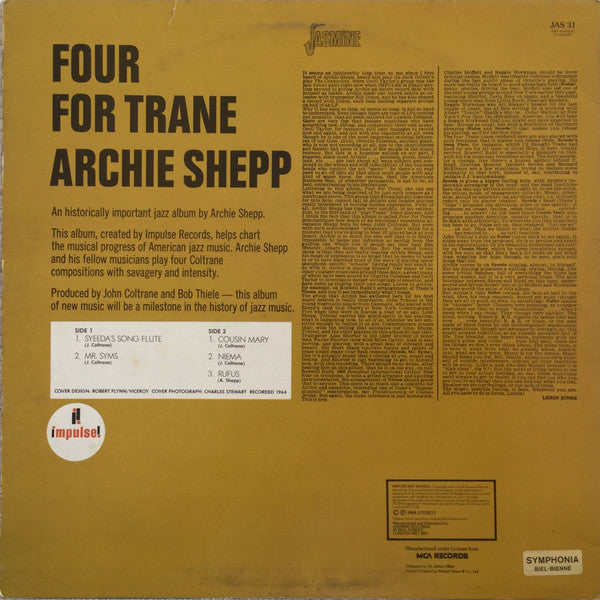 Archie Shepp - Four For Trane Vinyl LP Record (Arrives in 21 days)